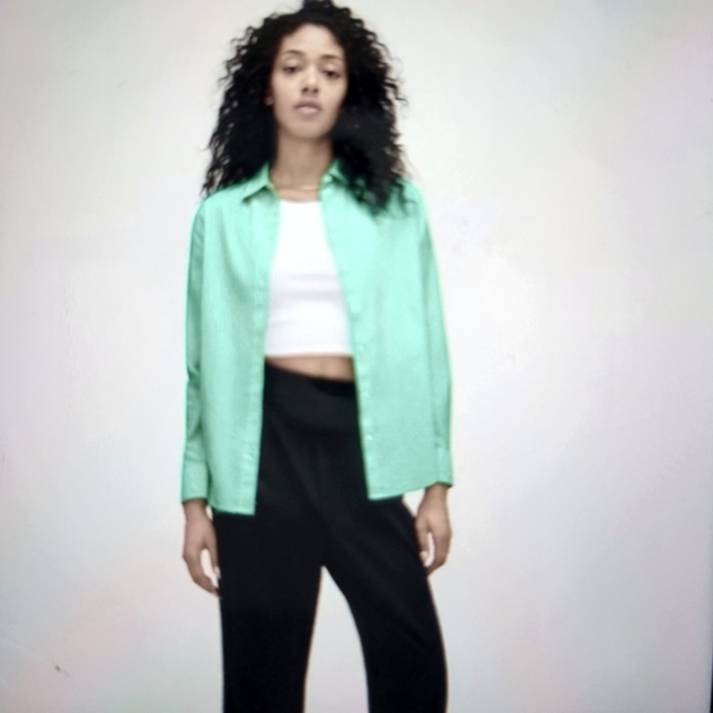 Everlane Bright Jade/White Silky Cotton Relaxed Blouse Button Down Shirt Top
